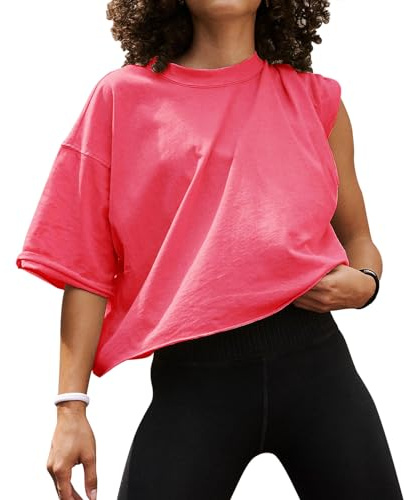 EBANKU Oversized Workout Shirts for Women Short Sleeve Crop Tops Casual Basic Cotton Athletic Yoga Running Cropped T-Shirts Peach Red