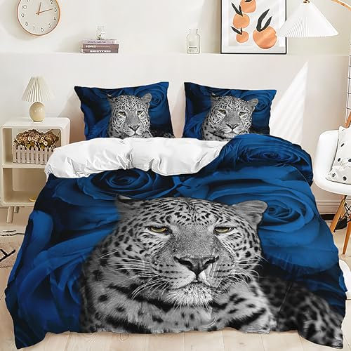 Yaofeiou Tiermuster Bettwäsche 135x200 4Teilig Blau Blumen und Leopard Muster Bettbezug Mikrofaser Tiermotiv Bettwäsche Damen Herren Wendebettwäsche Doppelbett mit 2 Kissenbezüge 80x80