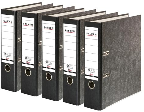 Original Falken 5er Pack Recycling-Ordner Wolkenmarmor. Made in Germany. 8 cm breit DIN A4 schwarzer Rücken Ringordner Aktenordner Briefordner Büroordner Pappordner CO2-Neutral Blauer Engel