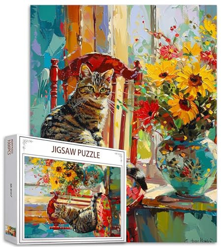 Tucocoo Cute Cats Vintage Jigsaw Puzzles for Adults 1000 Pieces Flowers in Vase Jigsaw Puzzle Retro Chairs Kitty DIY Puzzles for Home Decoration Family Puzzle Perfect for Game Nights 27 x 20 Inch