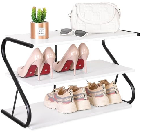 FEUFOAM Schuhregal, Schuhregal aus Holz mit Stahlrahmen, S-Form, Schuhregale für Schrank, 3-stöckig, weiße Holzmaserung, Schuhaufbewahrung, Organizer für Eingang, Flur, Haustür