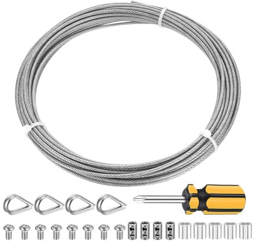 Cable Acero 2mm x 10m, Cuerda de Alambre, Kit de Cable de Acero Inoxidable, Cable de Alambre Acero Inoxidable de 7 x 7 Hebras para Colgar Cuadros Tendederos Luces, con Tensores Alambre