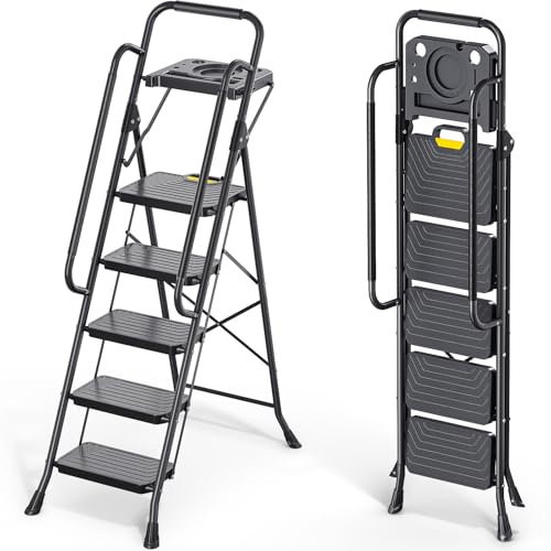 KINGRACK 5 Stufe Leiter, Robuster Stahl Trittstuhl mit Antirutsch-Breite Pedale, Handlauf, Sichere-Verriegelung Design, Bestehen 800lbs Belastungstest, Faltbare Leiter für Zuhause, Küche, Schwarz