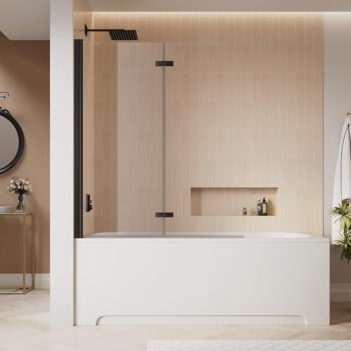 SIRHONA Pare-baignoire, 120 x 140 cm Écrans de Baignoire, Verre Trempé Transparent de 6 mm, Rotation à 180°, Peut Être Monté à Gauche Ou à Droite, Noir