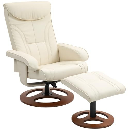 HOMCOM Fauteuil Relax avec Repose-Pied Fauteuil de Relaxation avec Dossier inclinable jusqu'à 135° - revêtement synthétique et Base en Bois - pour Salon, Chambre à Coucher, Blanc