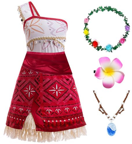 JANGZIIA Vaiana Kostüm Kinder mit Halskette und einer Blumenkrone und einer Haarspange. Moana-Prinzessin-Kostüm für Mädchen, Vaiana 2 Karneval Hawaiianischer Geburtstag Cosplay
