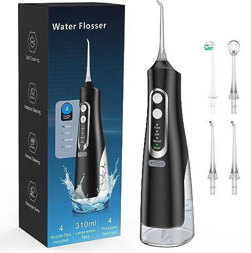 Leistungsstarke Munddusche Elektrischer Zahnreiniger 4 Modi & 4 Düsen Kabellose Munddusche IPX7 Wasserdicht Wasser Flosser 310ML Abnehmbarer Wassertank für Ten Heim- und Reisegebrauch