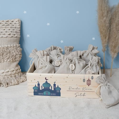Ramadankiste personalisiert mit Namen - Ramadankalender aus Holz für Kinder - Fastenkalender Zuckerfest Ramadan - hellomini (Moschee & Laternen Druck)