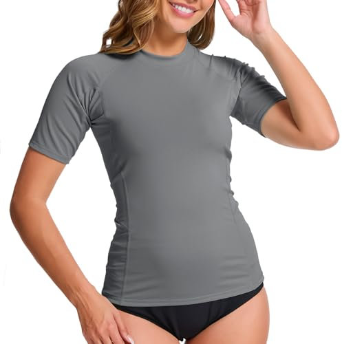 MEETWEE Women's Surf Rash Guard Sun Protection Swimsuit UV Protection Shirt UPF 50+ Short-Sleeve Swim Top Quick-Drying Swimming Sun Protection Shirt for Water Sports Dark Gray