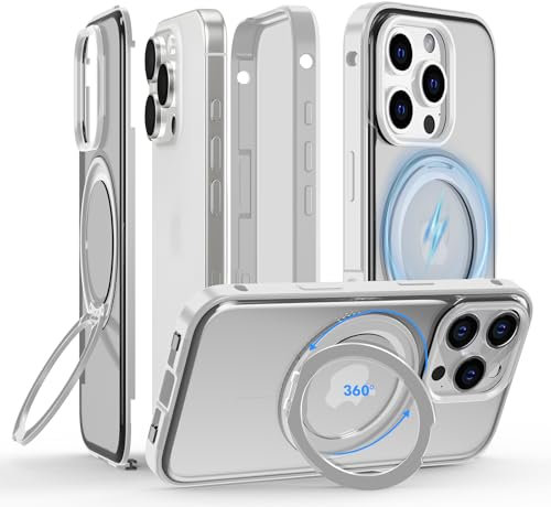 Meeter Hülle für iPhone 16 Pro 360 Grad mit Magsafe, Handyhülle Metallrahmen und Eingebaut Displayschutz Folie Full Body Komplettschutz Panzerhülle mit 360° Magnetischer Ständer Standring,Titan Weiß
