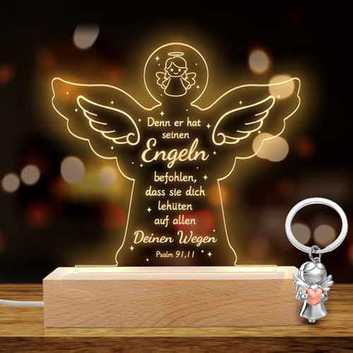 LED Engel Nachtlicht Taufgeschenke für Mädchen mit Schutzengel Schlüsselanhänger Warmweißes Nachtlicht mit Bibelvers Kommunion Geschenk für Kinder Nachttischlampe für Kinderzimmer Babyzimmer