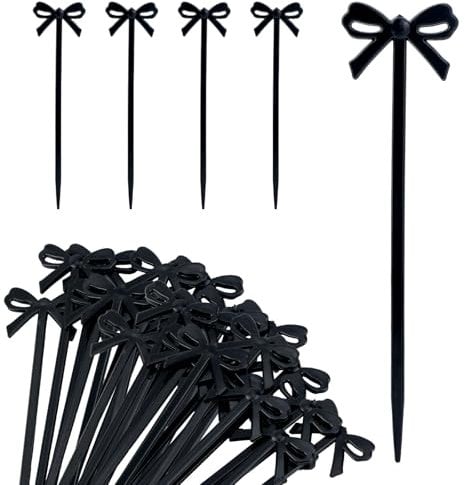 Gosknor 60pcs Black Bow Cocktail Picks, Plastic Bow Toothpicks Drink Stirrers Sticks Exquisite Fruit Fork Martini Skewers Cocktail Appetizer Picks for Party Decorations Supplies