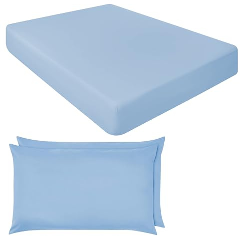 NIYS Luxury Bedding Finest 100% Egyptian Cotton 10/25CM Fitted Sheets in 15 Colours (Blue, King + pillow case pair)