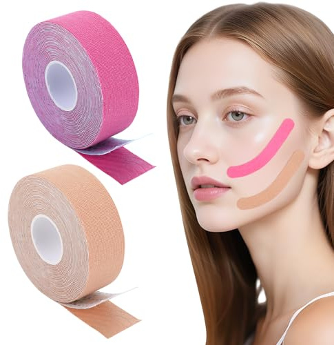 2 Stück Face Lifting Tape - Anti Falten Pflaster, Hautfreundliches Kinesiotapes Macht Die Haut Glatt Und Straff, Strafft Die Gesichtszüge (2er-Pack (Hautfarbe + Rosa))