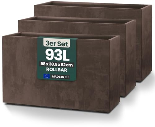 Kreher® XXL Sichtschutz Pflanzkasten hoch 93L - 98x38,5x62 cm - doppelwandig & rollbar, mit Entwässerungsstopfen - wetterfest - Naturstein Optik (3, Braun)