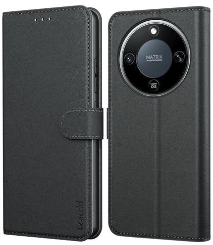 Leacckl Handyhülle für Honor Magic 8 Lite Hülle, Premium PU Leder Brieftasche Stoßfeste [Kartenfächern] Schutzhülle Klapphülle Flip Case, Schwarz