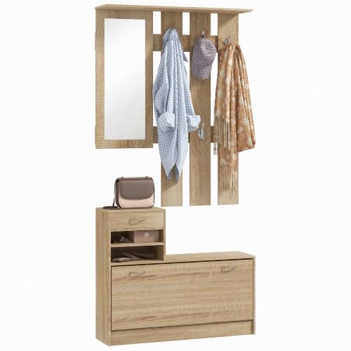 HOMCOM Ensembles 3 en 1 de Meuble d'Entrée Vestiaire Effet Bois Naturel | Panneau Porte-Manteau, Miroir, Banc à Chaussures, 6 Crochets, Étagère Réglable