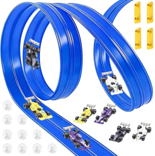 KOMEIYL Flexible Autorennbahn 5m mit 4 Autos & 12 Saugnäpfen