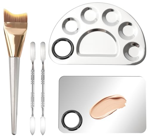 KUAOOAUK Makeup Mixing Palette with Spatula Tool, Stainless Steel Korean Makeup Palette Tray, 5Pcs Foundation Makeup Kit for Women Cosmetic Nail Art Makeup Artist