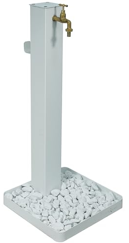 Fontana da Giardino Bianca in Acciaio Verniciato, Altezza 100 cm, Rubinetto in Ottone con Tubo Flessibile, Colonna Acqua per Esterno Resistente alle Intemperie