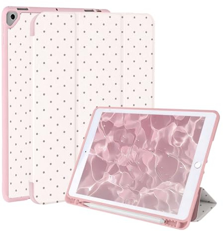 Vozehui Coque à Pois Roses 10,2/10,5 Pouces pour iPad 9e/8e/7e génération & Air 3e/Pro 10,5 avec Porte-Crayon, Protection Antichoc, Support à Trois Volets et Fonction Veille/réveil