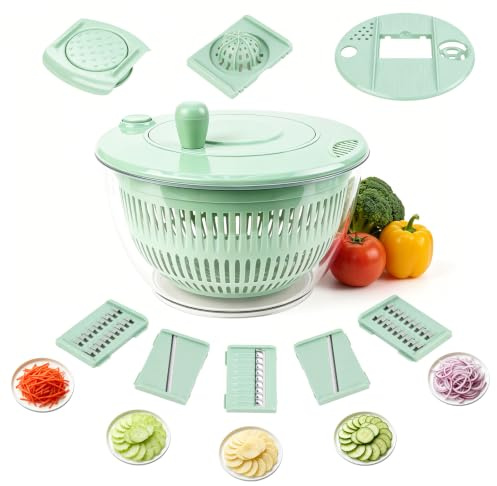 Centrifugadora de Ensalada 3 en 1, 4,5 L, Cortador de Verduras con 5 Cuchillas de Acero Inoxidable, Multiusos para Lavar, Escurrir y Cortar con Tapa