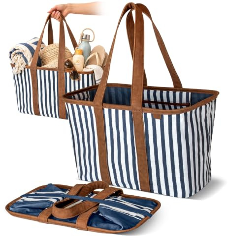 CleverMade Faltbare Luxus-Tragetasche, marineblau, gestreift, 1 Packung, 30 l, wiederverwendbare Einkaufstasche mit Griffen, verstärkter Unterseite