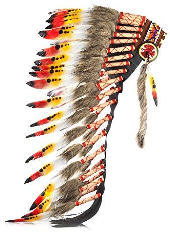 Pink Pineapple Traditioneller Indianer Inspirierter Kopfschmuck handgefertigt im traditionellen Stil Nordamerikanischer Indianer - Mittlere Länge - Orange,Rot, Schwarz, und Weiß