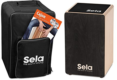 Sela SE 157 EN Primera Black Cajon beginner bundle with backpack, cajon pad, English Cajon book, CD and DVD