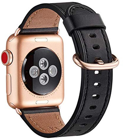 WFEAGL Kompatibel für Apple Watch Armband 40mm 41mm 38mm,Lederband Ersatzband für Herren Damen Kompatibel für iWatch Series 10/9/8/7/6/5/4/3/2/1,SE(38mm 40mm 41mm, Schwarz+Roségold Adapter)