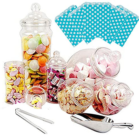 Purple Square 6 Jar Retro Pick & Mix Victorian Sweet Shop Candy Buffet Kit Party Pack with Tongs & Bags - Blue Polka