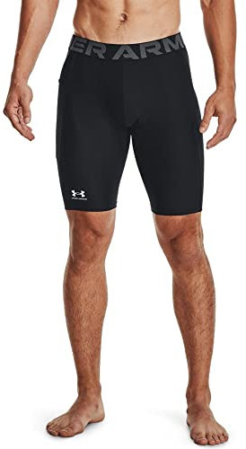 Under Armour UA HG Armour Long Shorts Pantalones deportivos cortos, shorts para hombre transpirables y de secado rápido, color negro/blanco