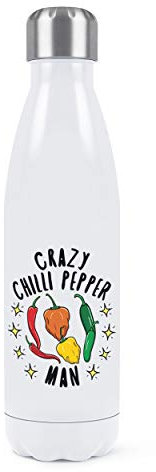 Crazy Chilli Pepper Man Stars Doppelwandige Wasserflasche, isoliert, Edelstahl, Sportgetränke, 500 ml, Weiß