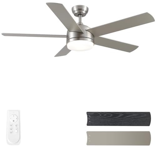 CJOY Ceiling Fans with Lights Brushed Nickel, 52'' Quiet Ceiling Fan Lights with Remote, Dimmable Tri-Color Temperatures, 5 Blades Reversible Winter and Summer for Bedroom