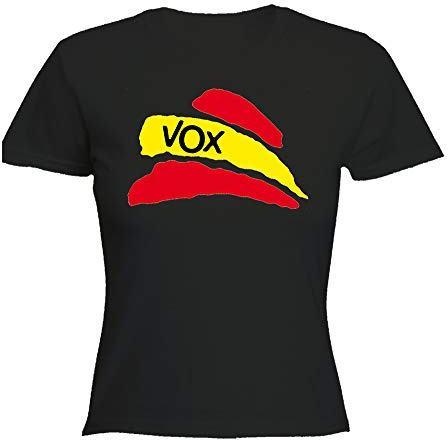 MERCHANDMANIA Camiseta Negra Mujer Bandera ESPAÑA Partido VOX Oferta Tshirt