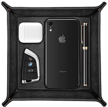 SITHON Valet Tray Desktop Storage Organiser – Premium PU Leather Catchall Tray Bedside Vanity Tray Nightstand Caddy Holder for Remote Controller, Keys, Phone, Wallet, Coin, Jewelry, (Black)