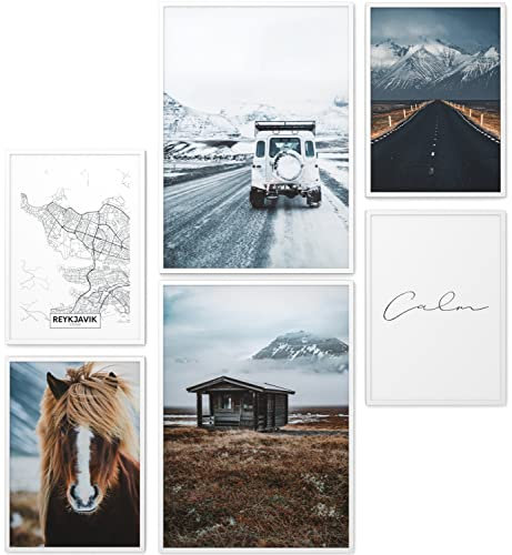 Papierschmiede® XL Mood Poster Set Island, Bilder Wohnzimmer Deko Schlafzimmer, 2x DIN A2 (ca. 59x42) und 4x DIN A3 (ca. 30x42), Reykjavik Iceland Schnee Eis Blau - ohne Rahmen