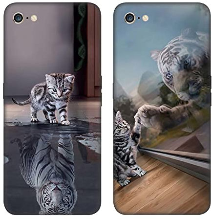 DiaryTown 2 Pack Hülle für iPhone 6 / iPhone 6S Liquid Silikon Handyhülle mit Motiv Schutzhülle Ultra Dünn TPU Bumper Rundumschutz Schwarz Case für Cover iPhone 6S - Katze & Tiger
