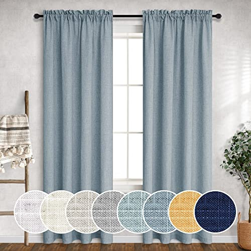 Grau-blaue Vorhänge, 213 cm Länge für Wohnzimmer, 2 Paneel-Sets mit Stangentasche, lichtfilternd, halbtransparent, Leinenmischung, Landhausblau, Vorhänge für Schlafzimmer, Grau, 132 x 213 cm lang