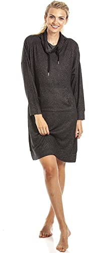 Camille Women's Super Soft Lounger - Knitted Hacci Knee Length Nightie - Cowl Neck Long Sleeved & Front Pocket