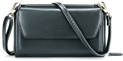 nuoku Geldbörse Damen mit RFID, Kleine Portemonnaie Damen mit Kreditkarten Etuis, Handytasche zum Umhängen mit Reißverschluss um 2 Riemen (Eisengrau)