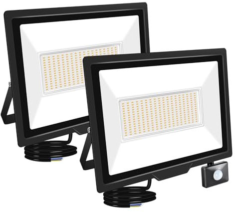 RIGIDON 2x 200W Focos Led Exterior Con Sensor Movimiento PIR, 20000 LM 3000K Blanco Cálido Foco Proyector LED IP66 Impermeable Led Seguridad Floodlight Para Patio, Jardín, Garaje, Caminos, Entrada