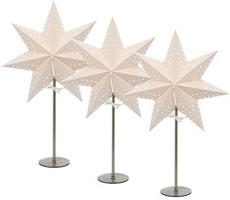 LED Universum - Papier Weihnachtsstern Tischleuchte Standstern weiß, Metallfuss, Dekostern mit Kabelschalter, E14 Fassung, 51cm Höhe (weiß, 3 Stück)