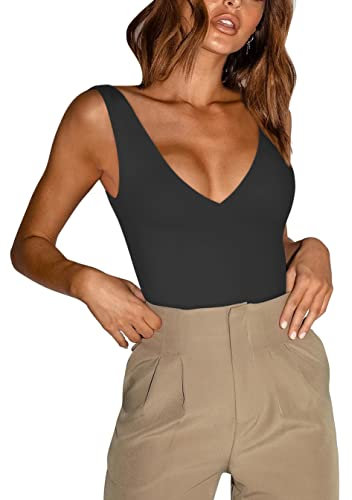 REORIA Damen Sommer Sexy Plunge Tiefer V-Ausschnitt Ärmellos Doppelt gefüttert Einteilige Tanktops Tanga Bodysuits Trikots zum Ausgehen Schwarz Klein