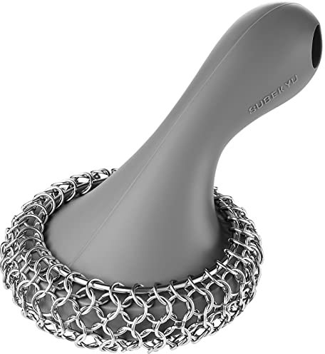 SUBEKYU Cast Iron Scrubber with Silicone Handle, Stainless Steel Cast Iron Skillet Cleaner Chainmail Scrubber for Pans, Grey