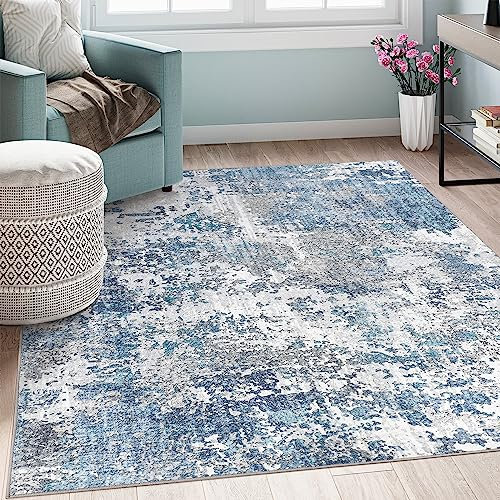 Art&Tuft Waschbarer Teppich, rutschfeste Unterseite, abstrakter Teppich, 12,7 x 17,8 cm, schmutzabweisende Teppiche für Wohnzimmer, faltbar, maschinenwaschbar, TPR53-Blau, 1,5 x 2,8 m