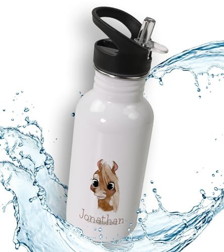 timalo® Trinkflasche für Kinder personalisiert mit Namen | auslaufsichere Edelstahl Sportflasche Kindergarten mit Tieren Geschenk für Jungen und Mädchen 600mL | 49-Pferd