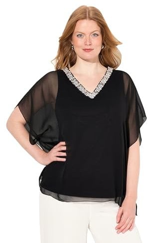 Ulla Popken Damen Chiffonbluse mit Beschmückung Bluse, schwarz, 46-48