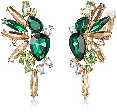 EVER FAITH Flügel Kristall Ohrclips Mode Statement Ohrringe Art Deco bunte Marquise Tropfen Braut baumeln Clip-on für Damen Grün mit Champagner Gold-Tone