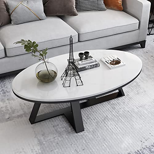 SORVA Marmor-Couchtisch, weißer Wohnzimmer-Mitteltisch, ovale Sintersteinplatte, Marmorstruktur, Sofatisch mit stabilem Metallrahmen, einzigartiger Beistelltisch für Wohnzimmer, Heimbüro, kleine R